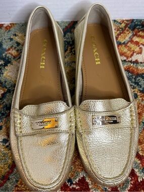 Coach Metallic Gold ONLY Leather Penny Loafers with Logo Plaque